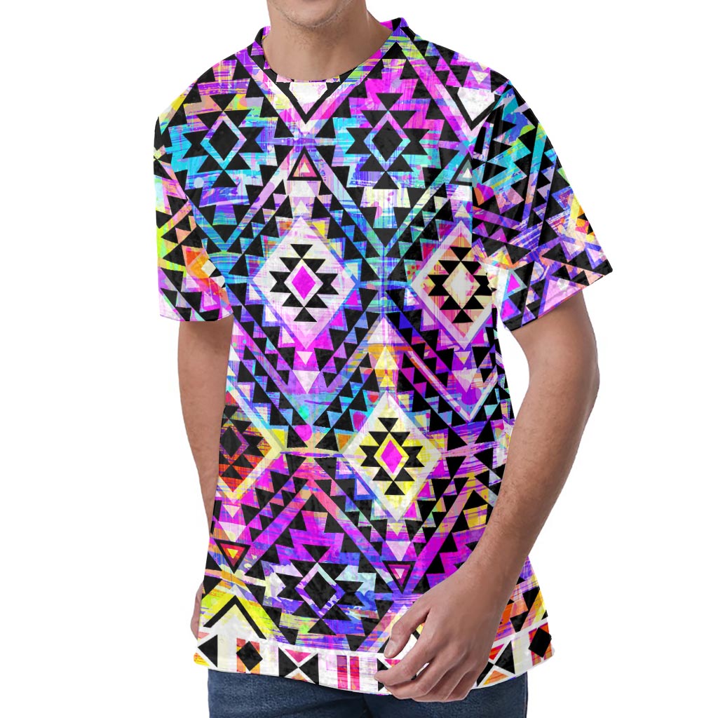Colorful Aztec Pattern Print Men's Velvet T-Shirt