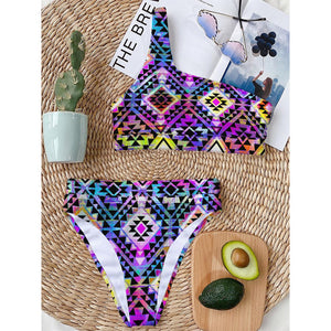 Colorful Aztec Pattern Print One Shoulder Bikini Top