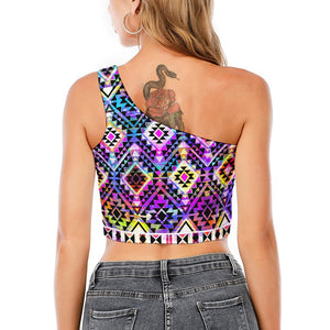 Colorful Aztec Pattern Print One Shoulder Crop Top