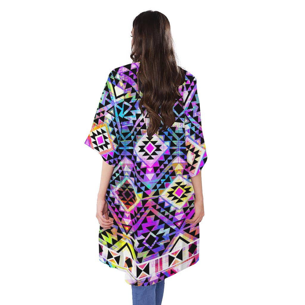 Colorful Aztec Pattern Print Open Front Beach Cover Up