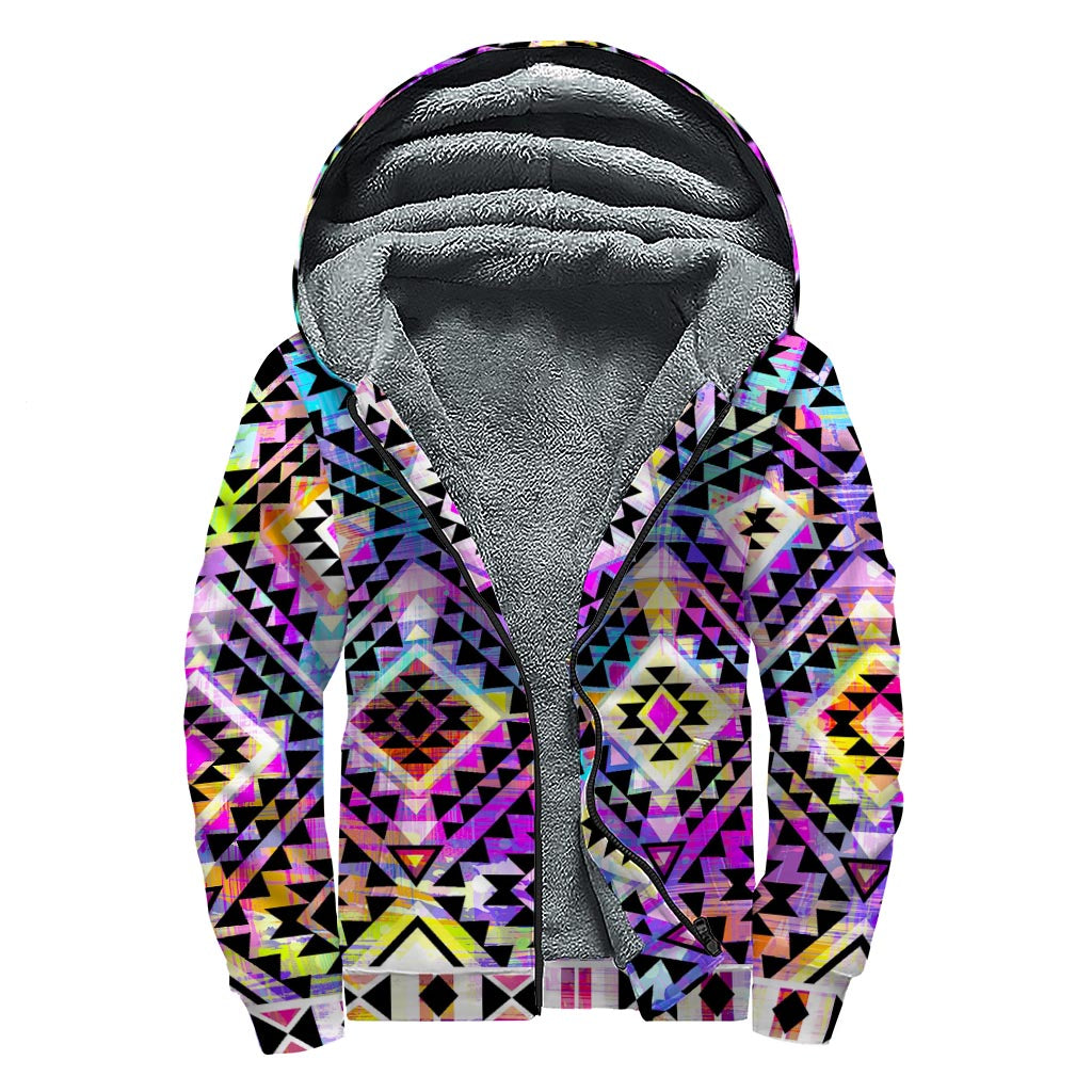 Colorful Aztec Pattern Print Sherpa Lined Zip Up Hoodie