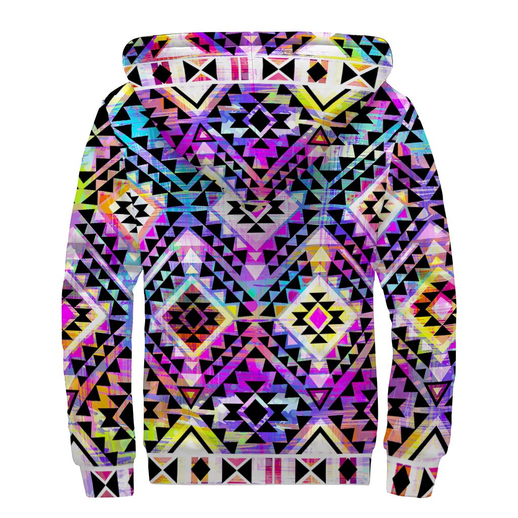 Colorful Aztec Pattern Print Sherpa Lined Zip Up Hoodie