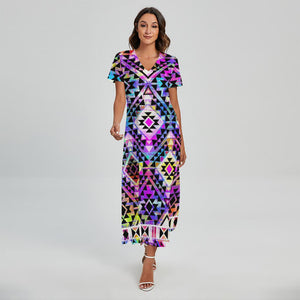 Colorful Aztec Pattern Print Short Sleeve Maxi Dress