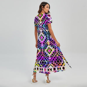 Colorful Aztec Pattern Print Short Sleeve Maxi Dress