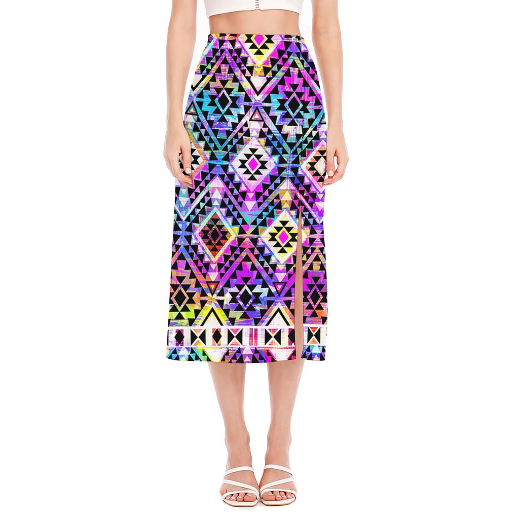 Colorful Aztec Pattern Print Side Slit Midi Skirt