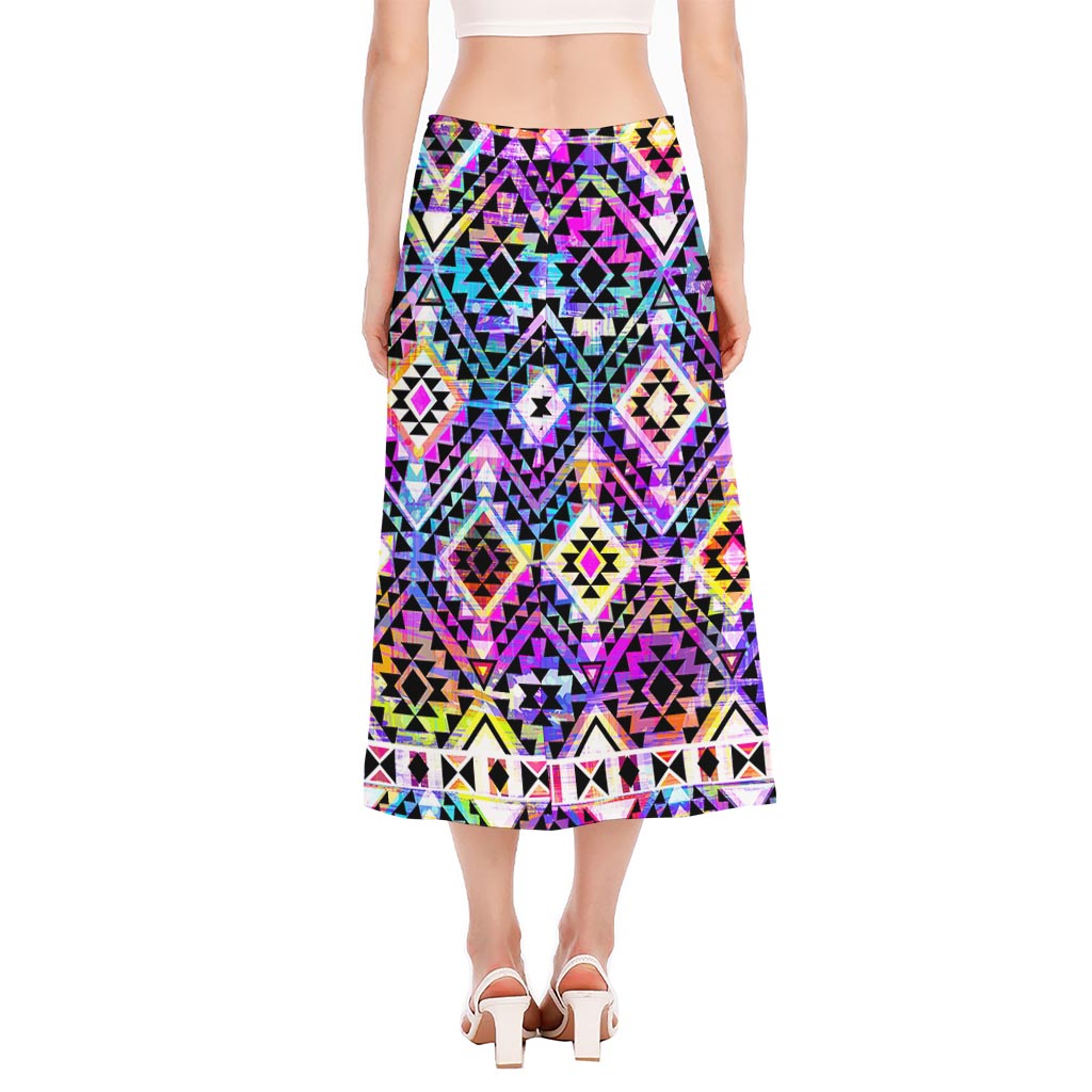 Colorful Aztec Pattern Print Side Slit Midi Skirt