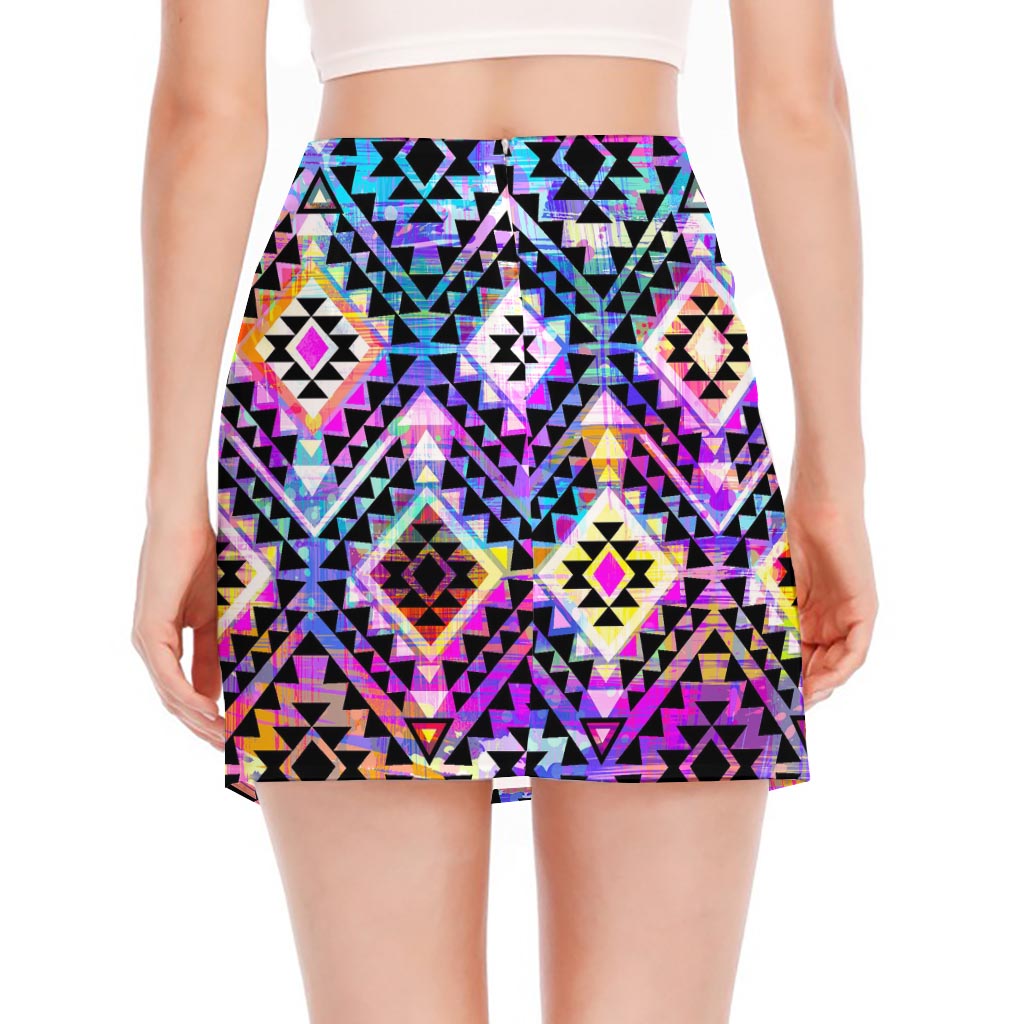 Colorful Aztec Pattern Print Side Slit Mini Skirt