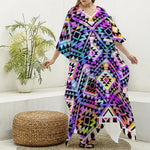 Colorful Aztec Pattern Print Silk V-Neck Kaftan Dress