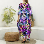 Colorful Aztec Pattern Print Silk V-Neck Kaftan Dress
