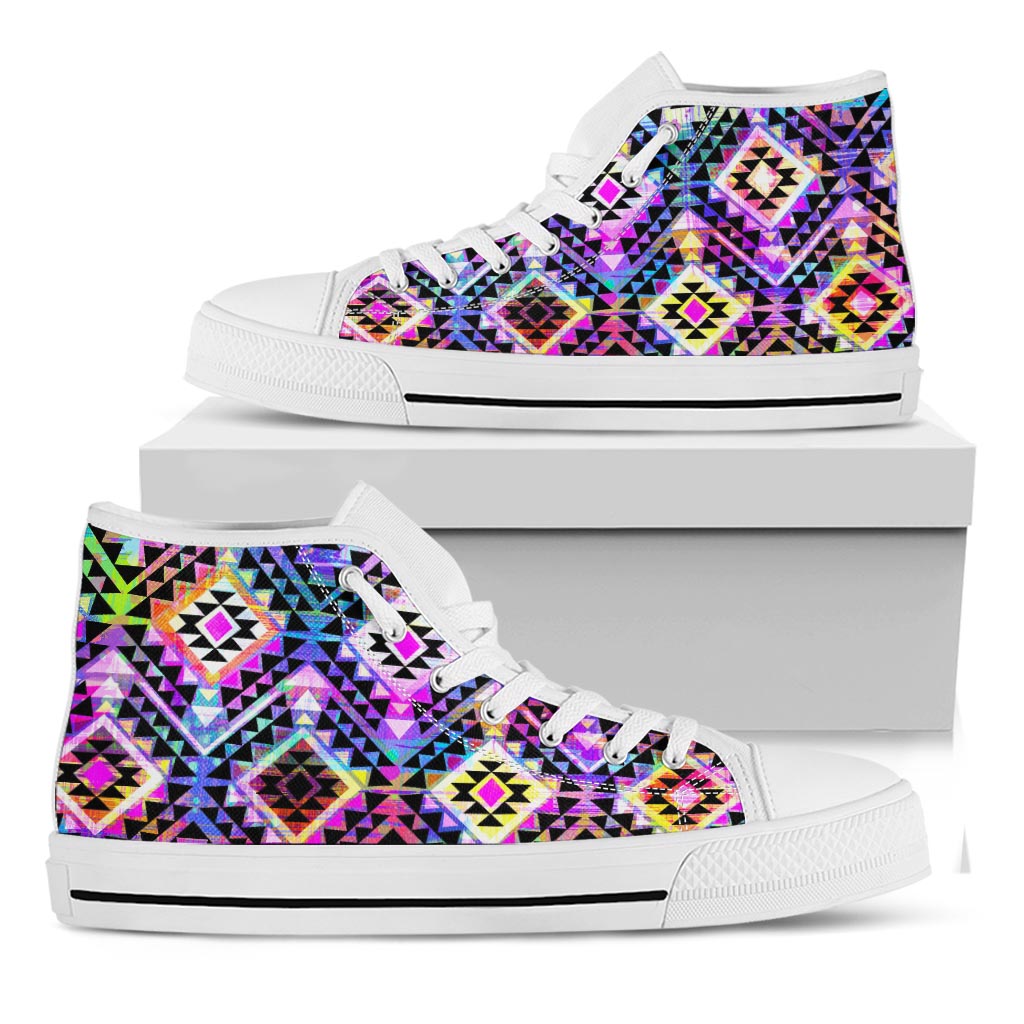 Colorful Aztec Pattern Print White High Top Sneakers