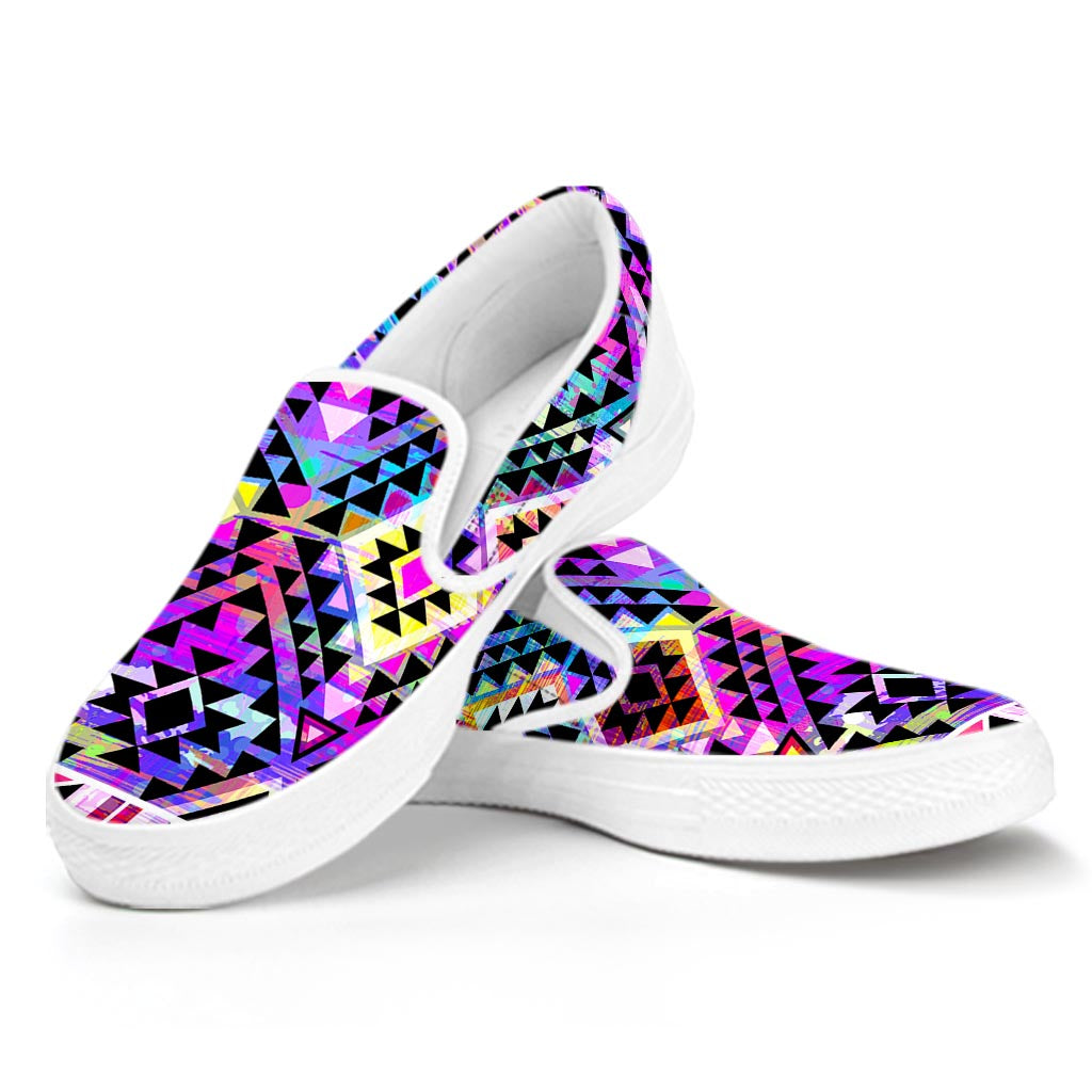 Colorful Aztec Pattern Print White Slip On Sneakers