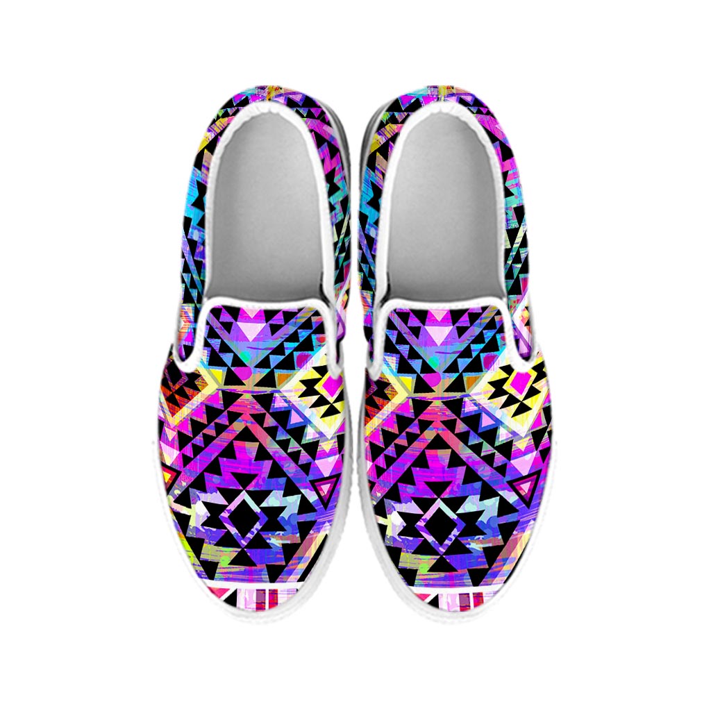 Colorful Aztec Pattern Print White Slip On Sneakers