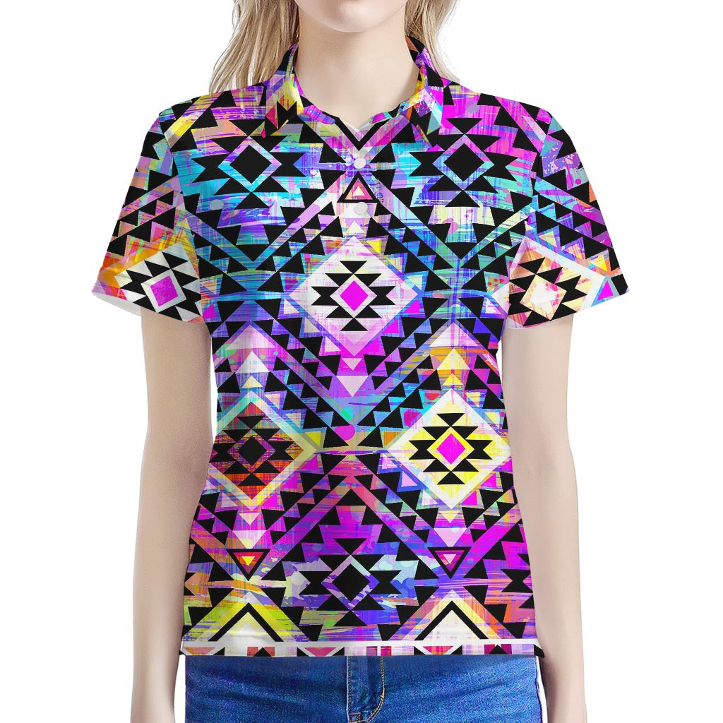 Colorful Aztec Pattern Print Women's Polo Shirt