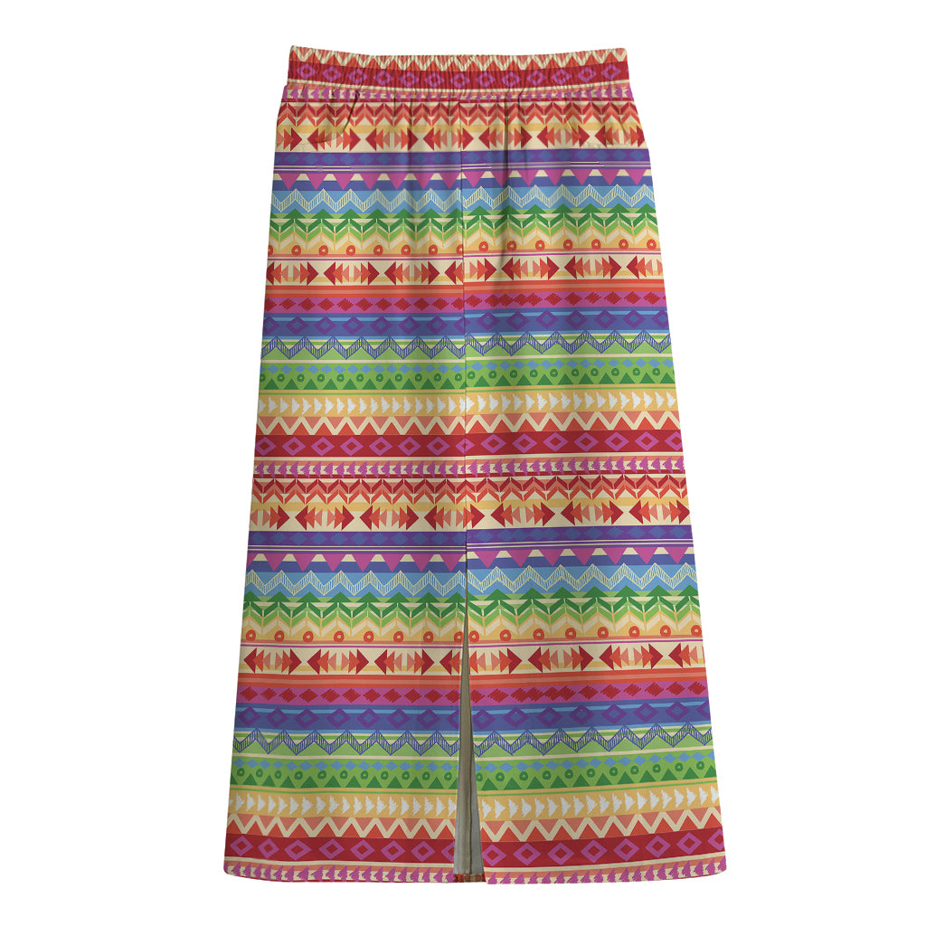 Colorful Aztec Tribal Pattern Print Cotton Front Slit Maxi Skirt