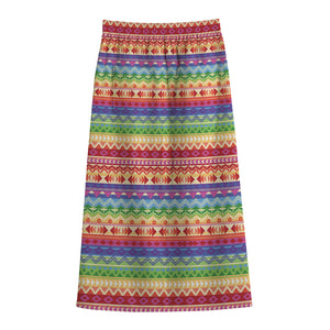 Colorful Aztec Tribal Pattern Print Cotton Front Slit Maxi Skirt