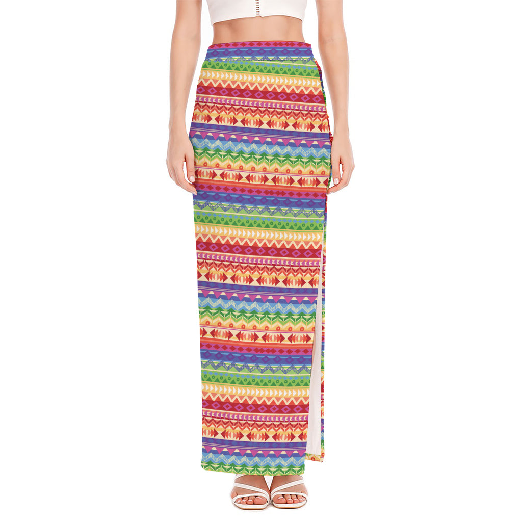 Colorful Aztec Tribal Pattern Print High Slit Maxi Skirt