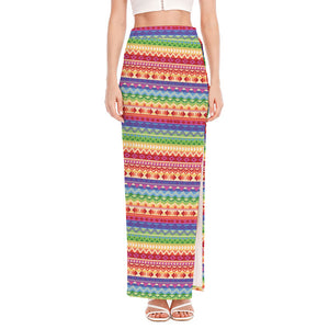 Colorful Aztec Tribal Pattern Print High Slit Maxi Skirt