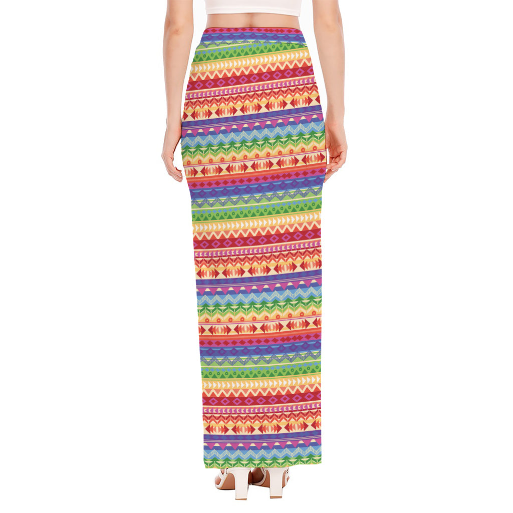 Colorful Aztec Tribal Pattern Print High Slit Maxi Skirt