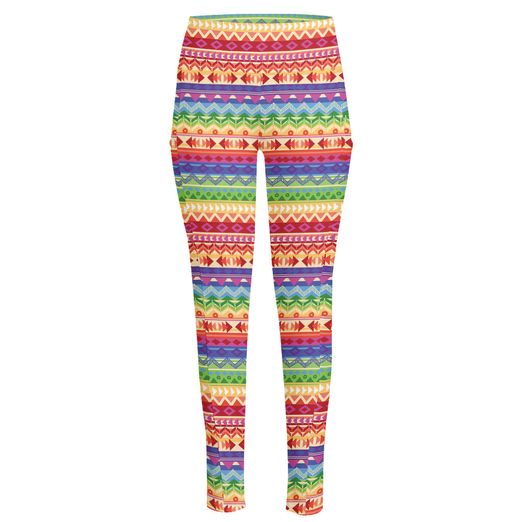 Colorful Aztec Tribal Pattern Print High-Waisted Pocket Leggings