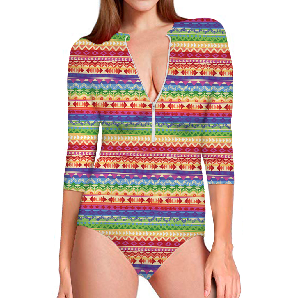 Colorful Aztec Tribal Pattern Print Long Sleeve Swimsuit