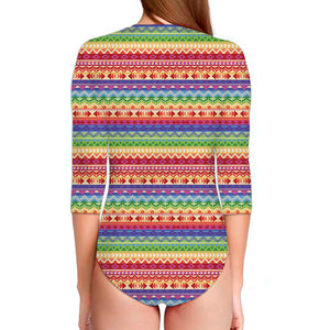 Colorful Aztec Tribal Pattern Print Long Sleeve Swimsuit