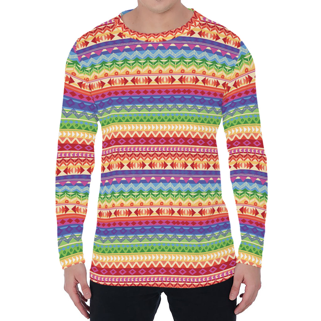 Colorful Aztec Tribal Pattern Print Men's Long Sleeve T-Shirt