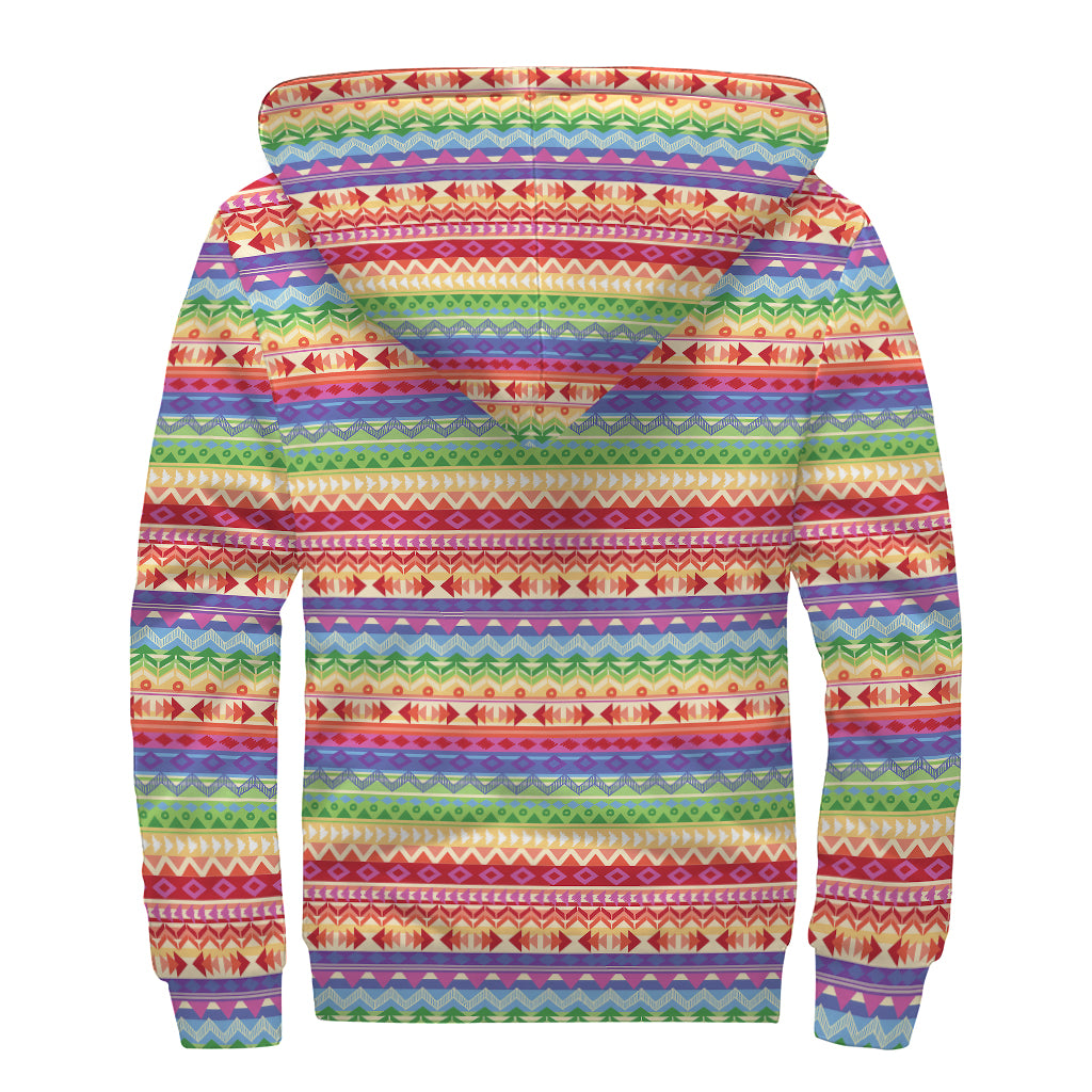 Colorful Aztec Tribal Pattern Print Sherpa Lined Zip Up Hoodie