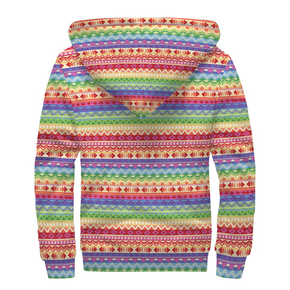 Colorful Aztec Tribal Pattern Print Sherpa Lined Zip Up Hoodie