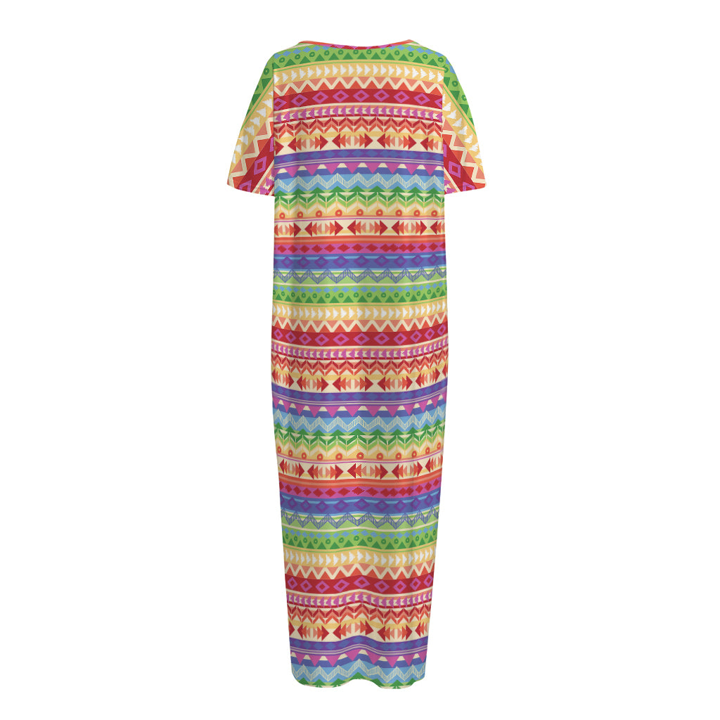 Colorful Aztec Tribal Pattern Print Short Sleeve Long Nightdress