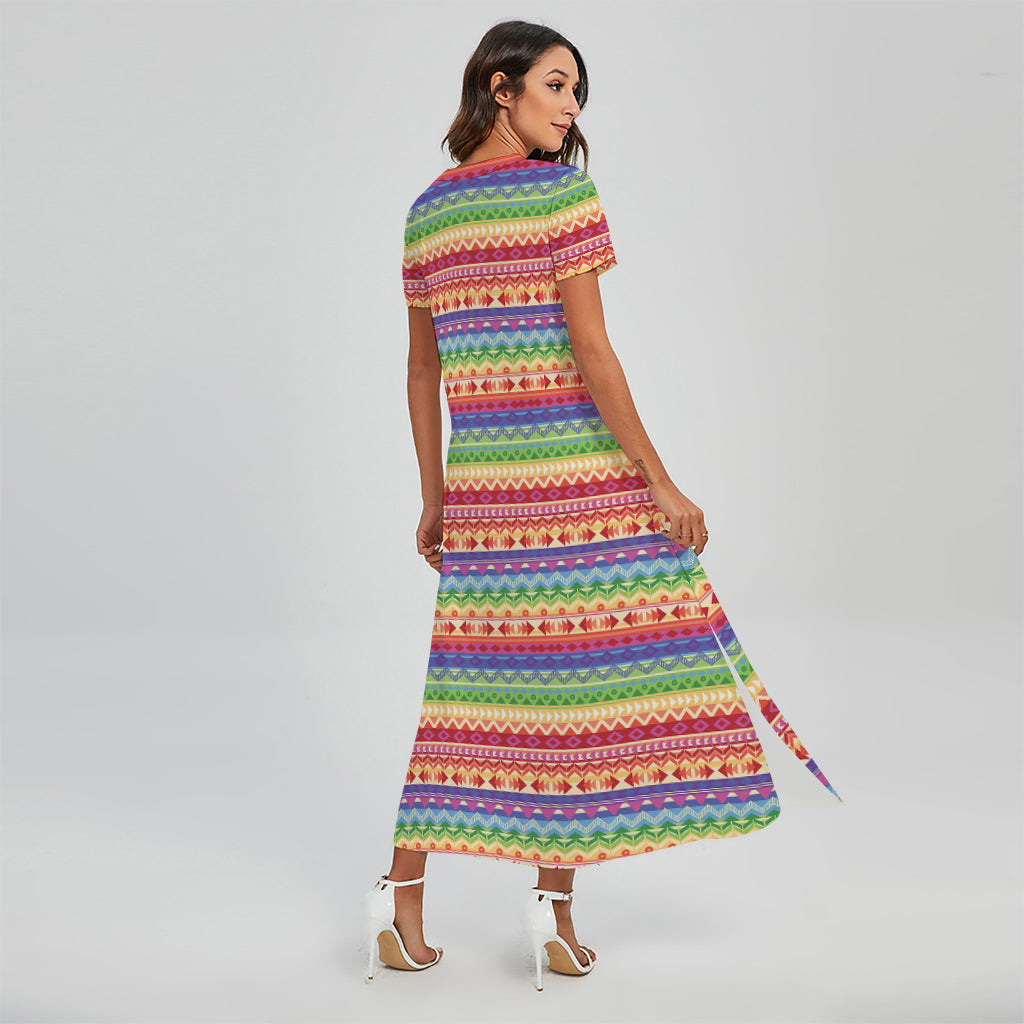 Colorful Aztec Tribal Pattern Print Short Sleeve Maxi Dress