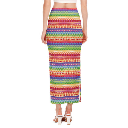 Colorful Aztec Tribal Pattern Print Side Slit Maxi Skirt