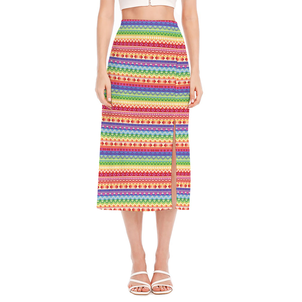 Colorful Aztec Tribal Pattern Print Side Slit Midi Skirt