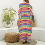 Colorful Aztec Tribal Pattern Print Silk V-Neck Kaftan Dress