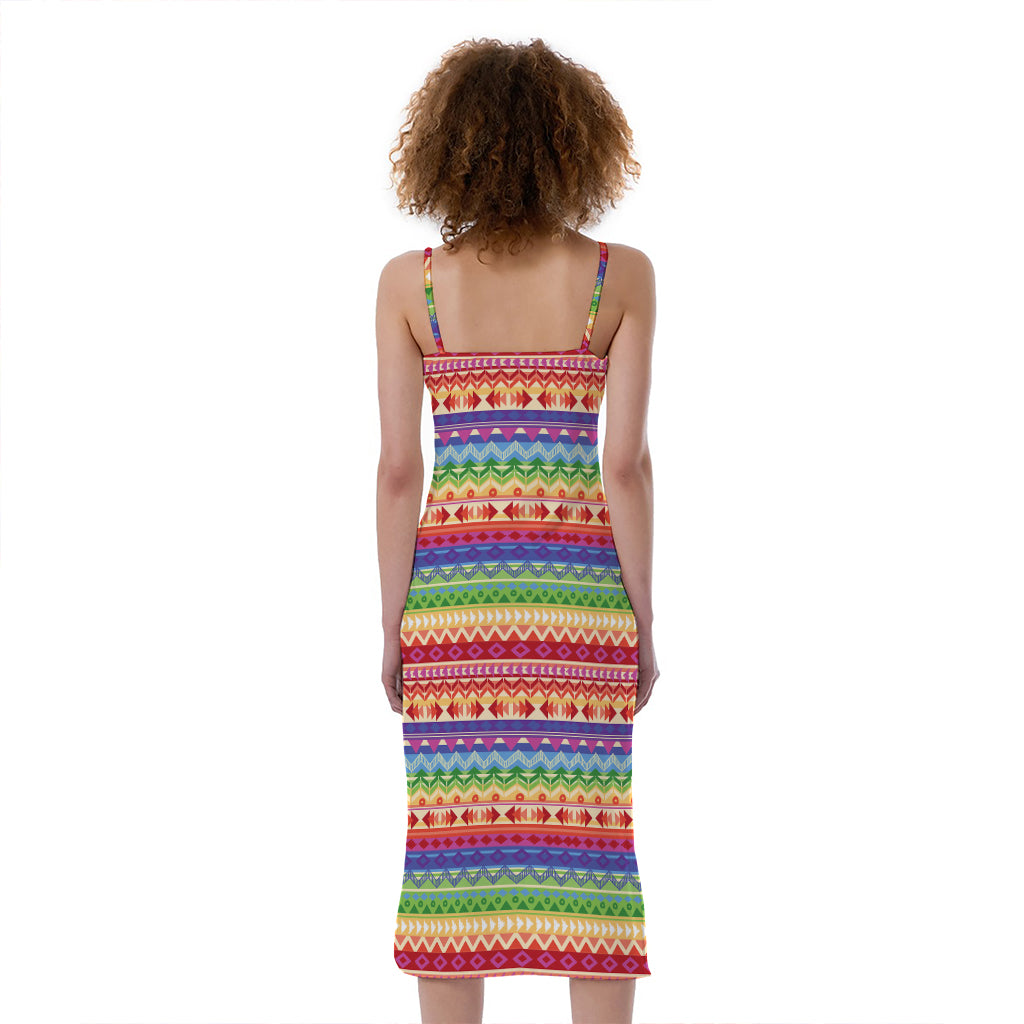 Colorful Aztec Tribal Pattern Print Slim Fit Midi Cami Dress