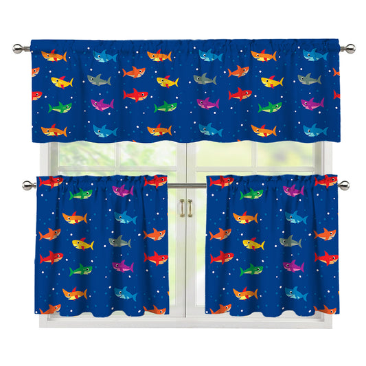 Colorful Baby Sharks Pattern Print 3 Piece Kitchen Curtains