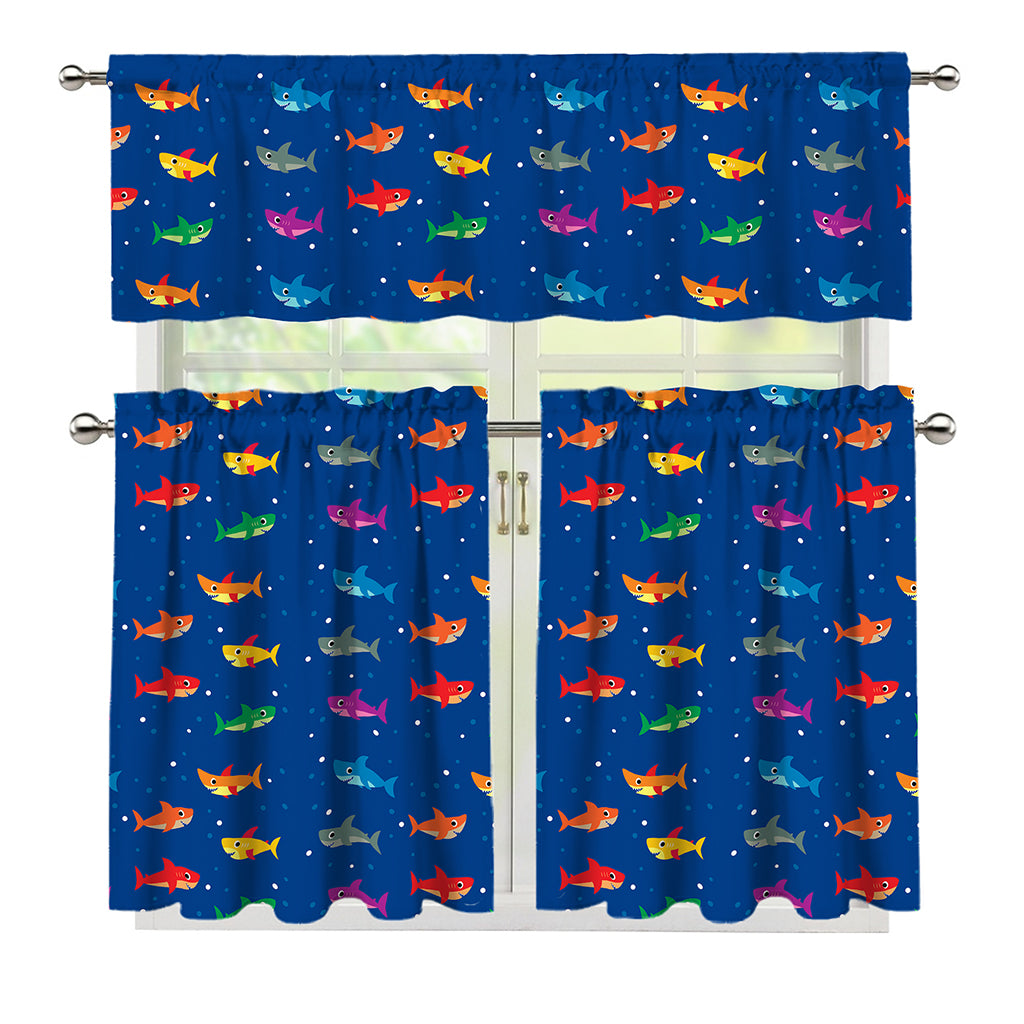 Colorful Baby Sharks Pattern Print 3 Piece Kitchen Curtains