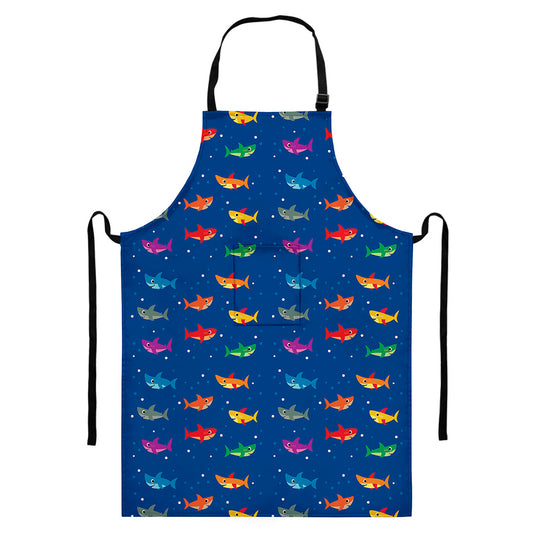 Colorful Baby Sharks Pattern Print Bib Apron With Pocket