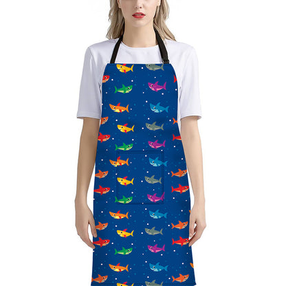 Colorful Baby Sharks Pattern Print Bib Apron With Pocket
