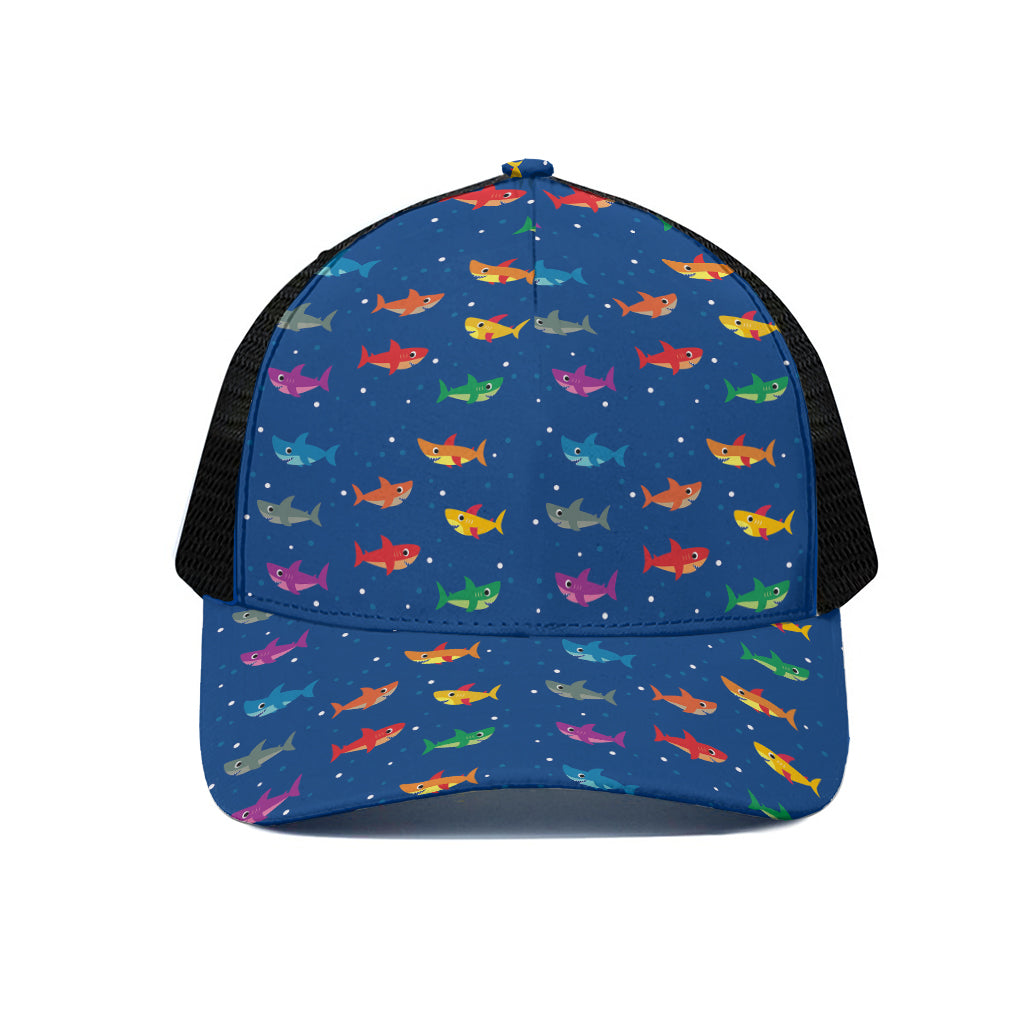 Colorful Baby Sharks Pattern Print Black Mesh Trucker Cap