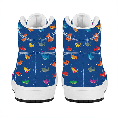 Colorful Baby Sharks Pattern Print High Top Leather Sneakers