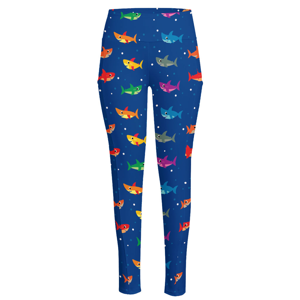 Colorful Baby Sharks Pattern Print High-Waisted Pocket Leggings