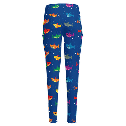 Colorful Baby Sharks Pattern Print High-Waisted Pocket Leggings