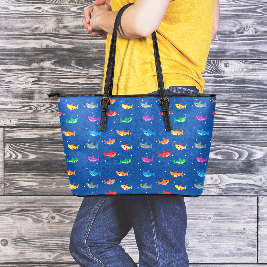 Colorful Baby Sharks Pattern Print Leather Tote Bag