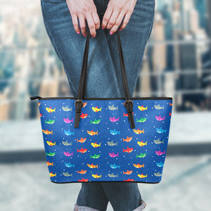 Colorful Baby Sharks Pattern Print Leather Tote Bag