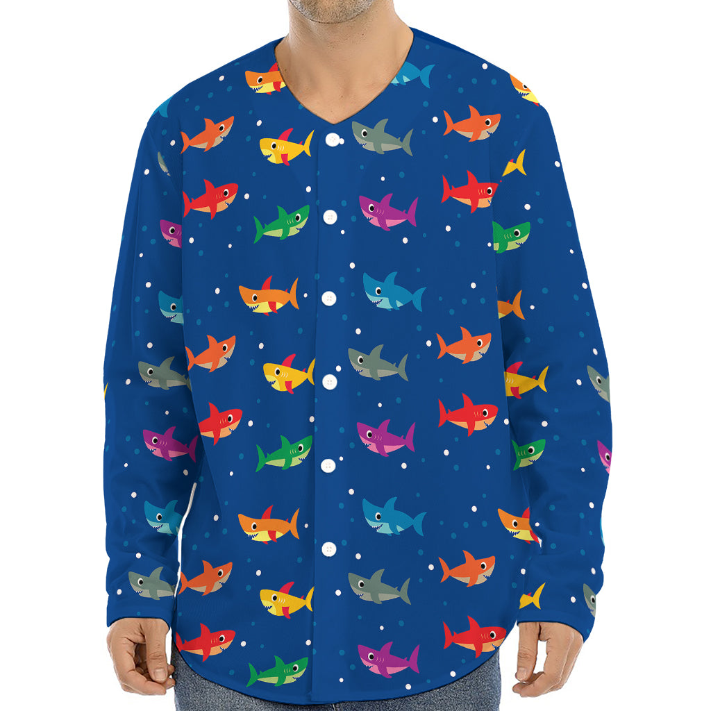 Colorful Baby Sharks Pattern Print Long Sleeve Baseball Jersey