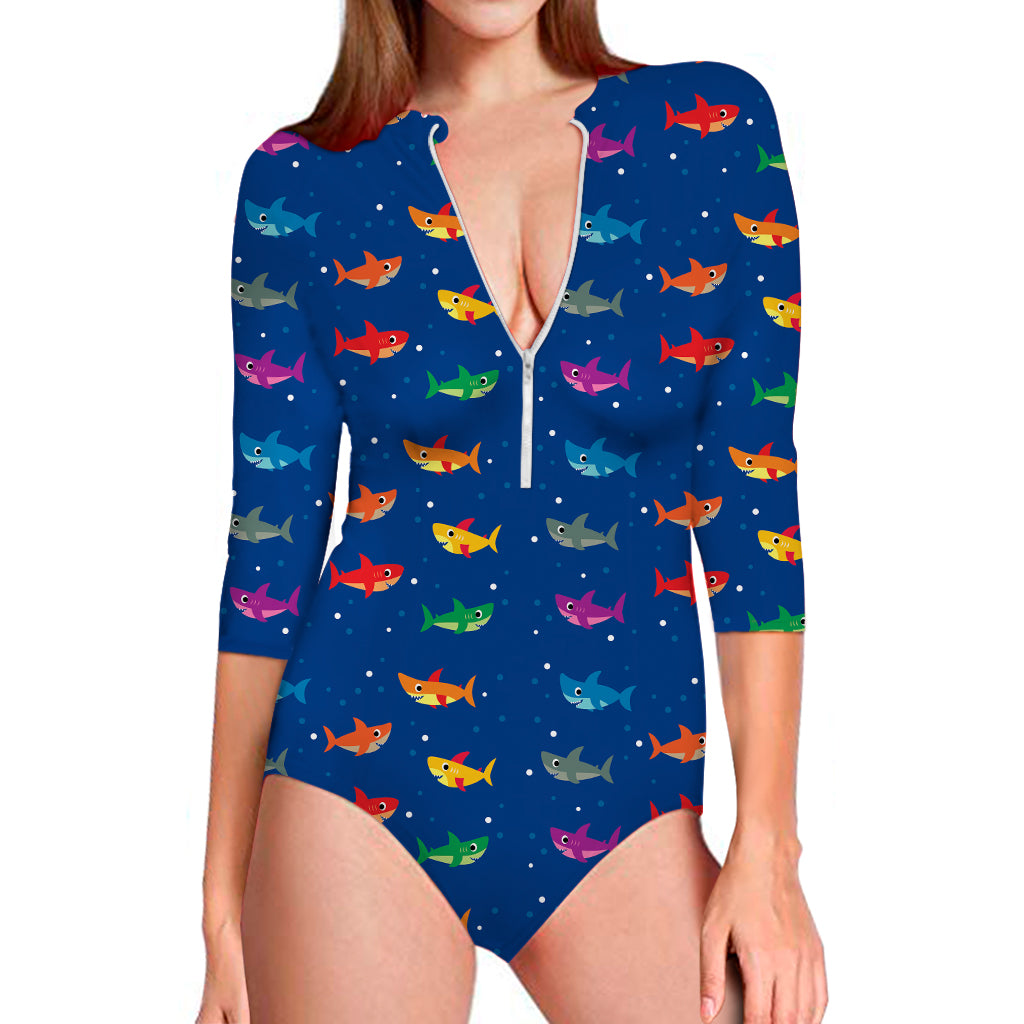 Colorful Baby Sharks Pattern Print Long Sleeve Swimsuit