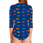 Colorful Baby Sharks Pattern Print Long Sleeve Swimsuit