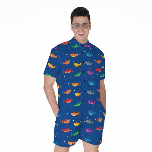 Colorful Baby Sharks Pattern Print Men's Rompers