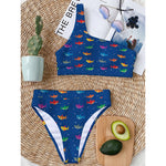 Colorful Baby Sharks Pattern Print One Shoulder Bikini Top