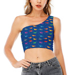 Colorful Baby Sharks Pattern Print One Shoulder Crop Top